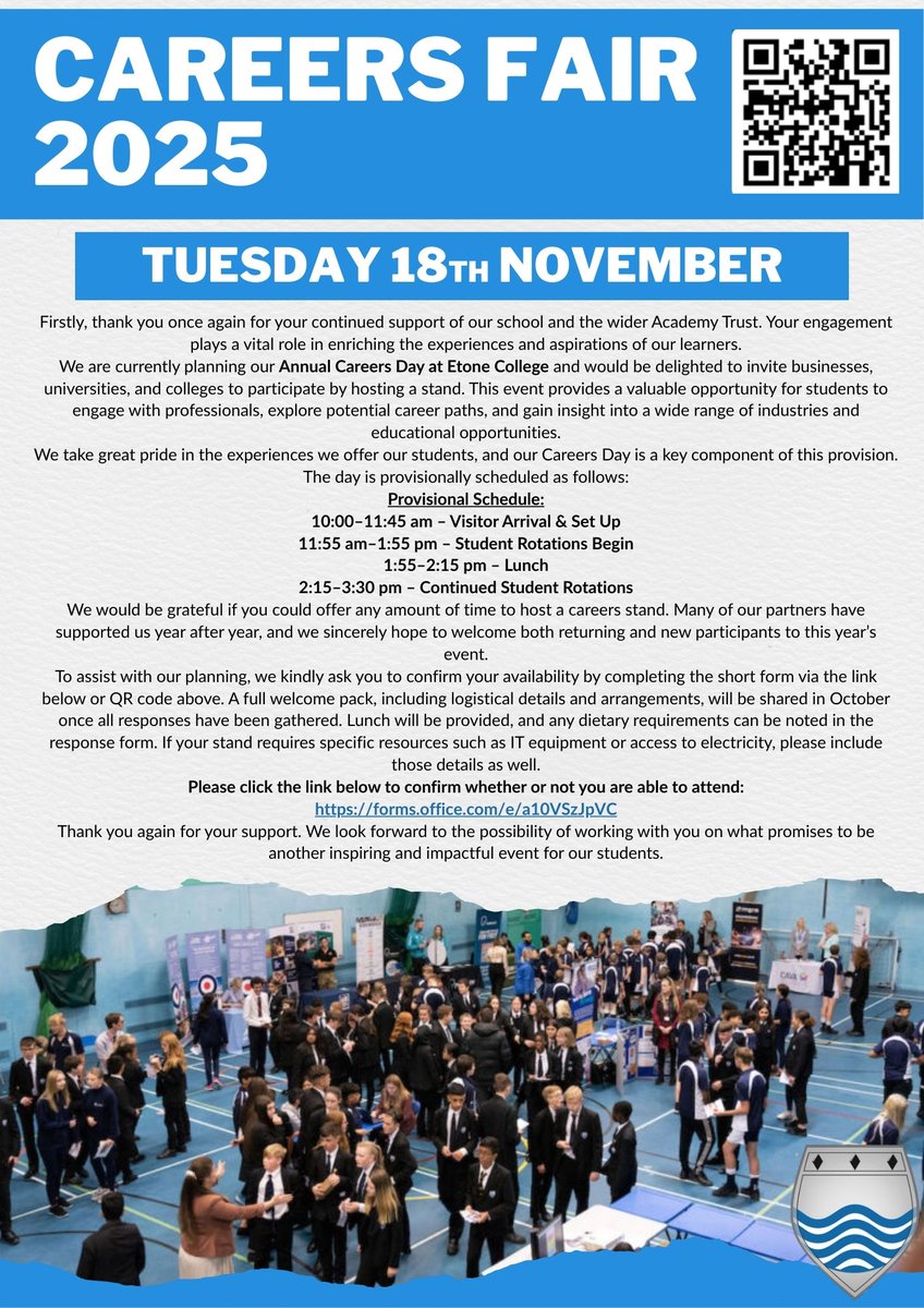 We are currently planning our Annual Careers Day at Etone College and would be delighted to invite businesses, universities, and colleges to participate by hosting a stand...
bit.ly/4nNyOnf