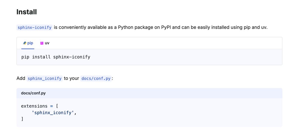 Iconify is super convenient, I love it. If you are using Sphinx for documentation, you can use iconify with this extension:

sphinx-iconify.lepture.com