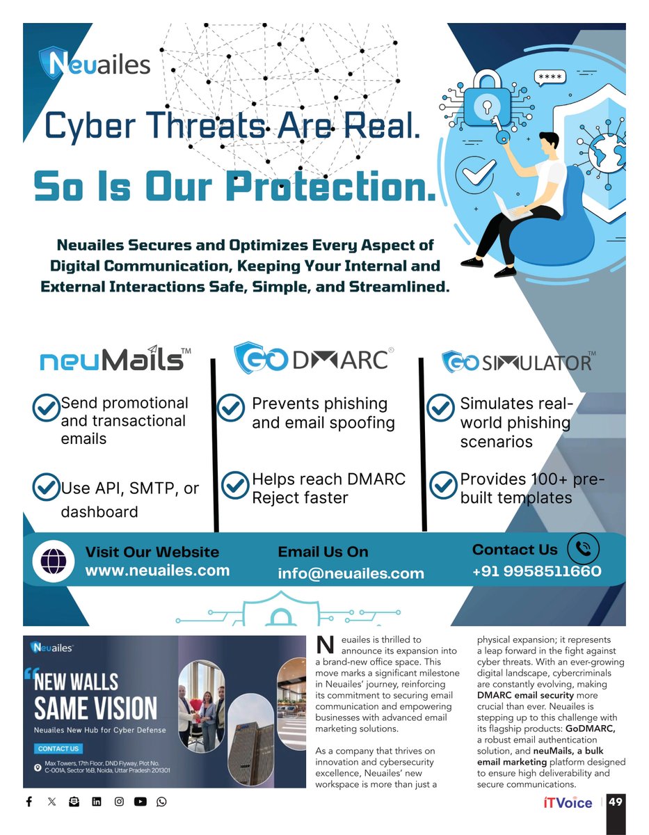 itvoice's tweet image. Cyber threats are rising.
🛡️ Neuailes is here to secure your communication.
With #neuMails, #GoDMARC &amp;amp; #GoSimulator — prevent phishing, improve email delivery &amp;amp; simulate attacks.

🔗 neuailes.com | 📧 info@neuiles.com

#CyberSecurity #EmailProtection #PhishingDefense