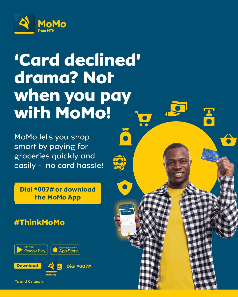 MoMo always has you covered. Conveniently make all your cashless transactions from the safety of your phone. Dial *007# or download the MoMo App to access a new world of possibilities and convenience.  

MoMo App🔗: f.mtr.cool/tqsglaccov
#ThinkMoMo