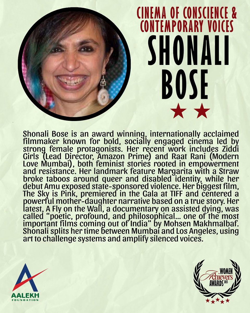 AalekhFoundOrg's tweet image. 🎬 Meet Our Woman Achiever 🎬
Trailblazing filmmaker Shonali Bose is one of 20 incredible women honoured at the Aalekh Foundation Woman Achiever’s Award – 3rd Edition.
#AalekhAchievers2025 #ShonaliBose #WomenInCinema #FeministFilmmaker #BoldVoices #aalekhfoundation