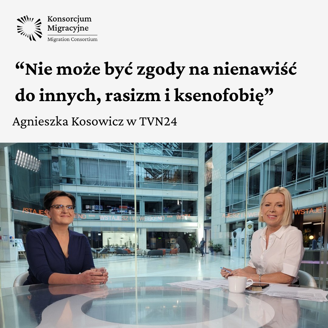 KMigracyjne's tweet image. Polecamy wypowiedź Agnieszki Kosowicz w @tvn24. "Budując wrogą narrację, pogarszamy sytuację tych osób, które pracują i żyją z nami w zgodzie".
"Ta narracja wrogości to jest jakiś element naszej rzeczywistości, ale to nie jest cała nasza rzeczywistość".
tvn24.pl/polska/agniesz…