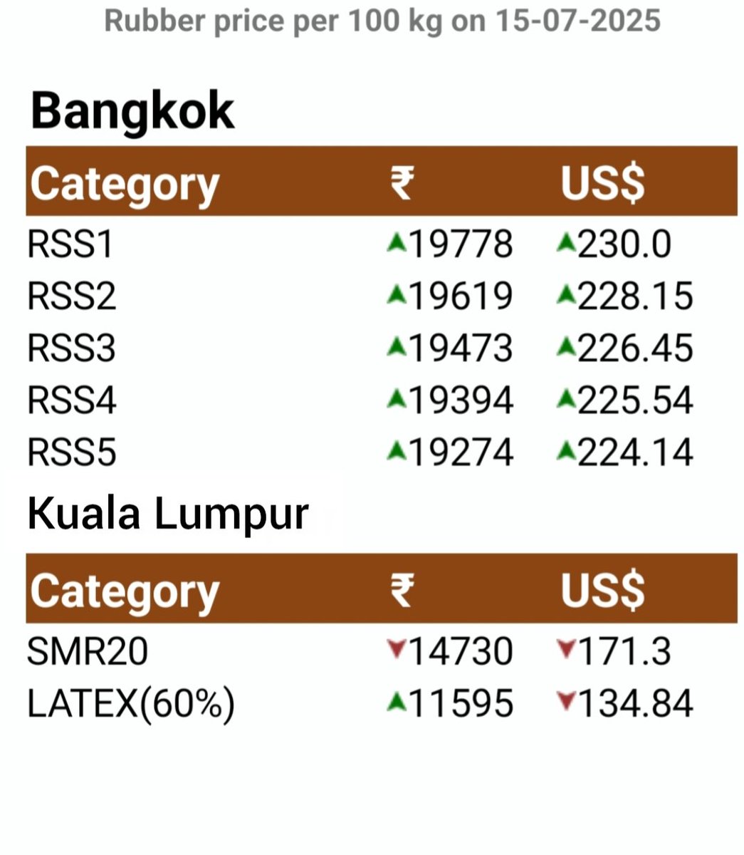 Rubber price per 100 kg on 15/07/2025 - International market