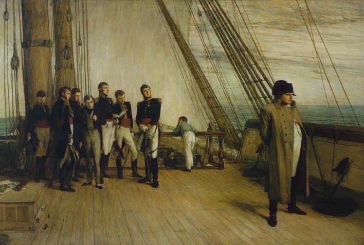 15 July 1815. Napoleon Bonaparte officially surrendered after his defeat at the Battle of Waterloo on 18 June to the British Royal Navy Captain Lewis Maitland aboard HMS Bellerophon. Napoleon would spend the remaining years of his life in exile on the island of St Helena.