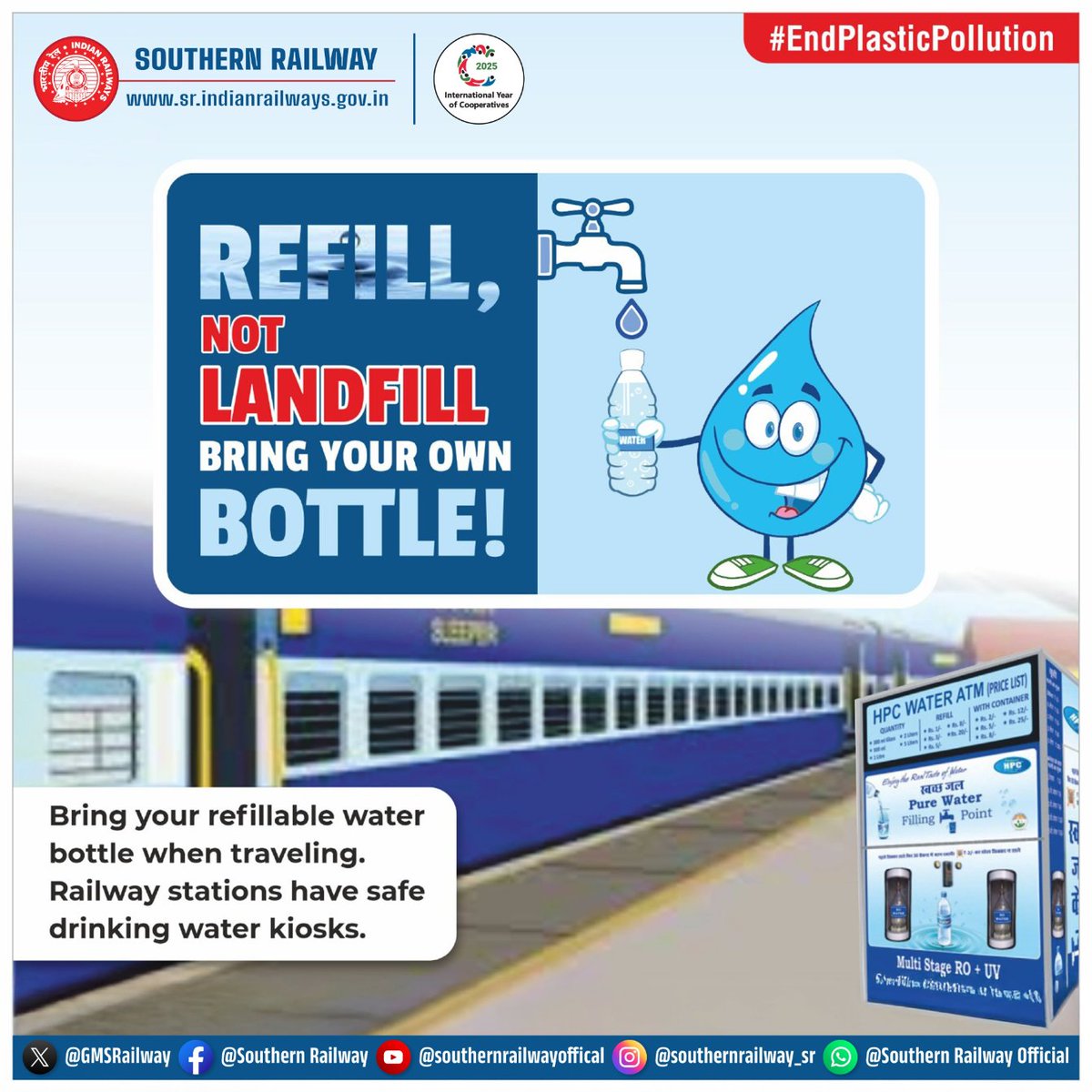 Refill Smart, Travel Green!🌍

Skip single-use plastic—carry your own bottle &amp; refill at our safe water kiosks across railway stations.

Let’s quench thirst without polluting the planet! 🚰✨

#EndPlasticPollution #SustainableTravel #IndianRailways #southernrailway