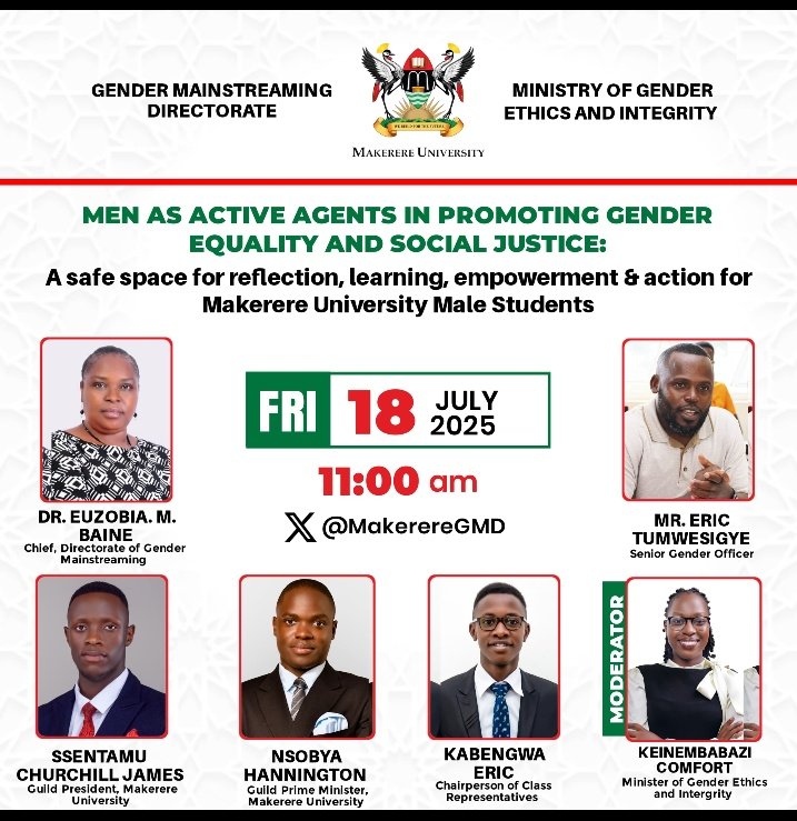 CollinMuki69009's tweet image. Hey dear friends, kindly join the Makerere University’s Gender Mainstreaming Directorate this Friday at 11:00 a.m for a transformative session:&quot;Men as Active Agents in Promoting Gender Equality &amp;amp; Social Justice&quot;.Reflect,learn, and take action.Kindly don&apos;t miss out on this cause.