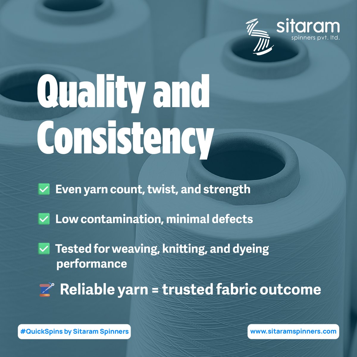 LtdSitaram's tweet image. What makes yarn export-ready? 

Consistent. Certified. Built to perform.

#QuickSpins #SitaramSpinners #YarnManufacturersInIndia #CoreSpunYarn #SpandexYarn #YarnExport