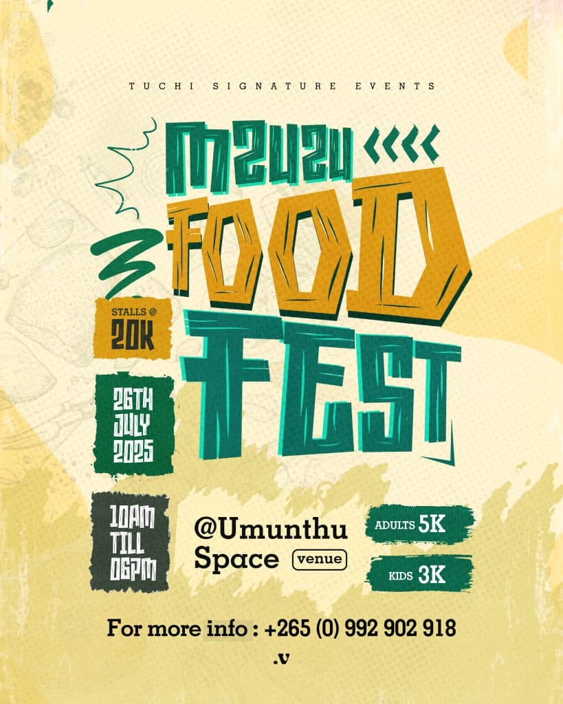 Mzuzu Food Fest is here, iwe tikasangane uku🫵🏾

26Th July🗓️
Umunthu Space📍

20k for a stall

TICKETS
5K for Adults
3K for kids
#mzuzufoodfestival
#foodfestival