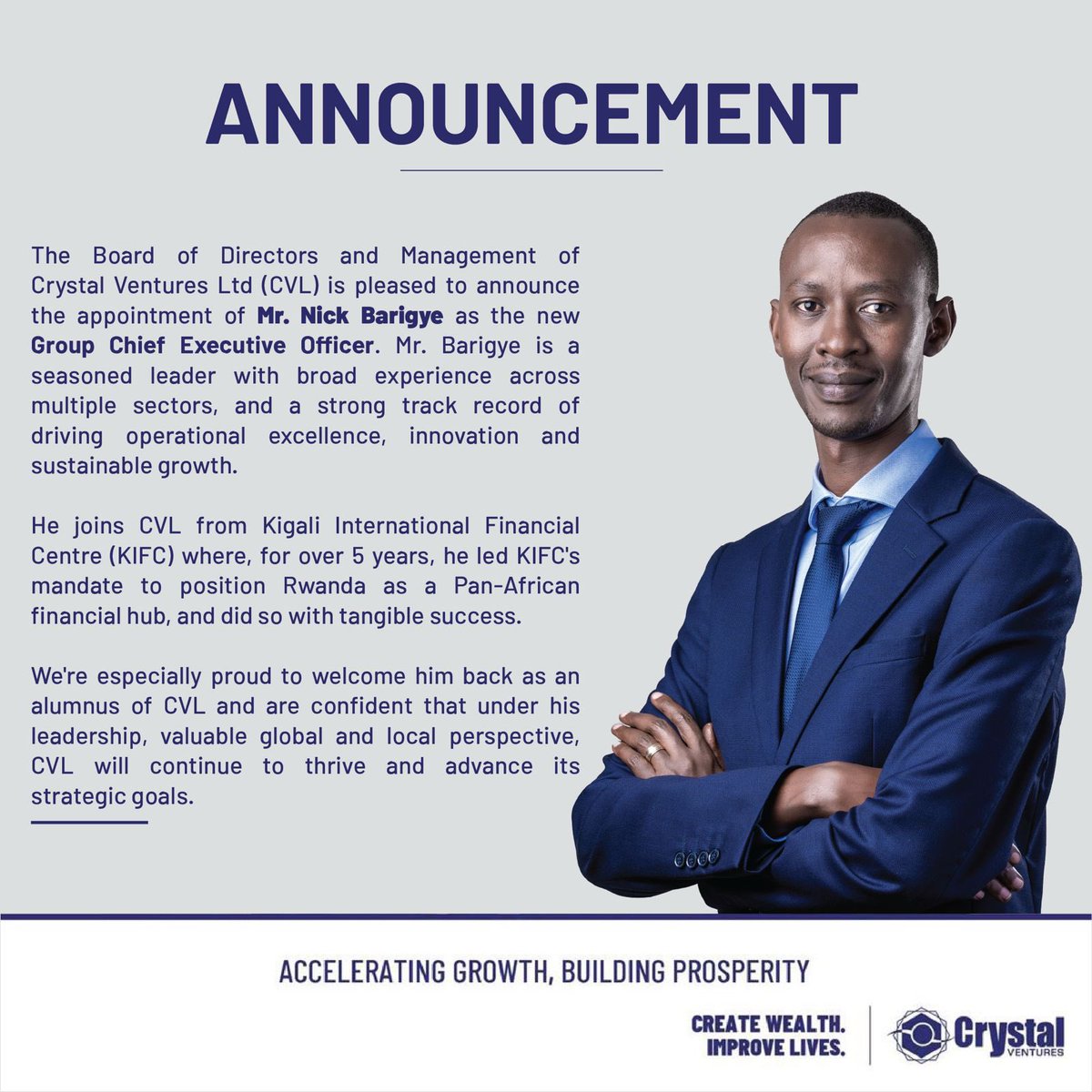 Crystal Ventures Ltd (@cvlrwanda) on Twitter photo We are pleased to welcome Mr. <a href="/Nbarigye/">Nick Barigye</a> as the new Group Chief Executive Officer of Crystal Ventures Ltd (CVL). This marks an exciting new chapter for CVL - anchored in strong leadership, forward-looking vision, and continued commitment to excellence.
#CVLRwanda #RWOX We are pleased to welcome Mr. <a href="/Nbarigye/">Nick Barigye</a> as the new Group Chief Executive Officer of Crystal Ventures Ltd (CVL). This marks an exciting new chapter for CVL - anchored in strong leadership, forward-looking vision, and continued commitment to excellence.
#CVLRwanda #RWOX