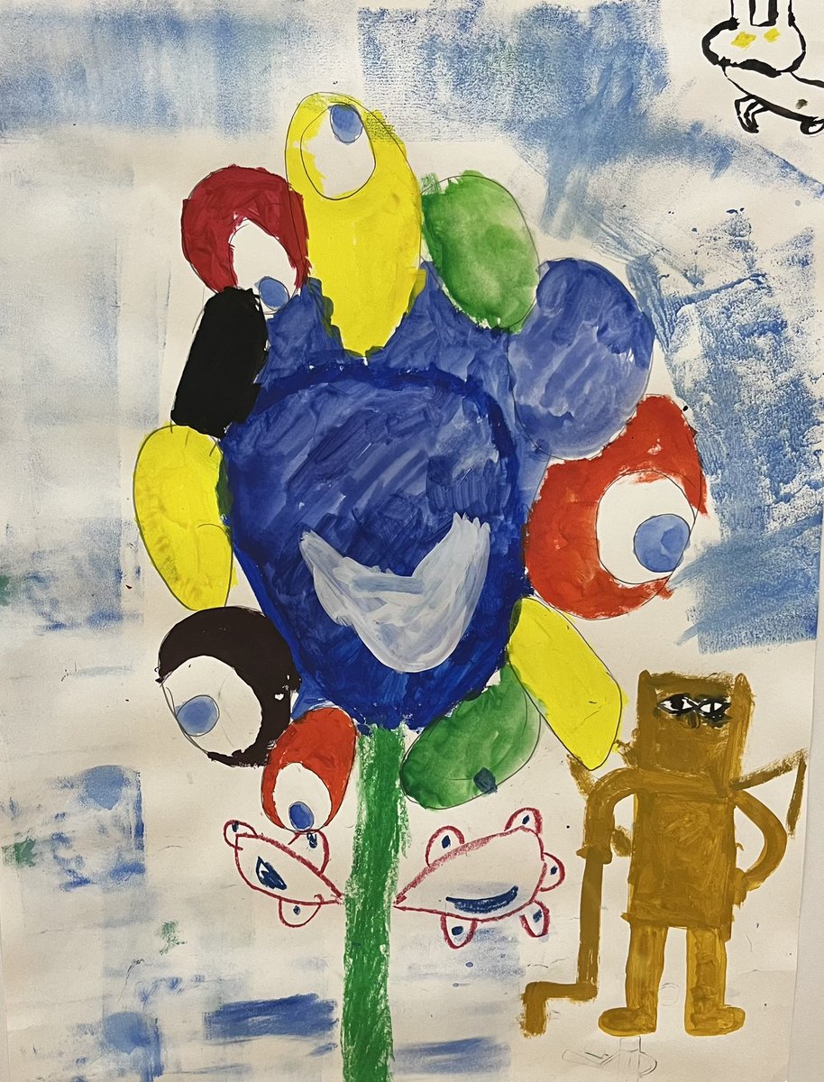 ISSA26640's tweet image. 学校の図工で、「幻の花を描こう」がテーマだったので、万博の真ん中に咲く花を描きました。毎日来る人を守れるように目がたくさんあります。黄土色の人はエキスポーズみたいに描きたかったけど、間に合いませんでした。
#大阪・関西万博
#EXPO2025