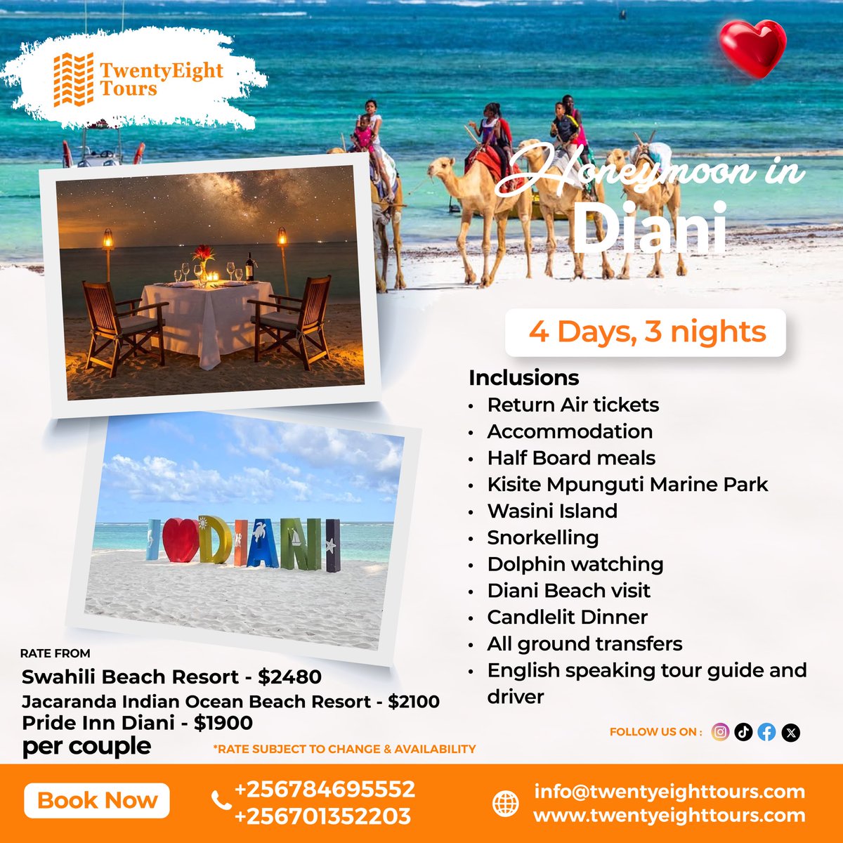 ✨ Honeymoon magic in Diani! ✨

White sands, candlelit dinners, dolphin watching, &amp; ocean adventures await your happily ever after 💕. TwentyEight Tours has crafted your perfect romantic escape 4 days, 3 unforgettable nights in paradise❤️

📍Book now &amp; let love lead the way.