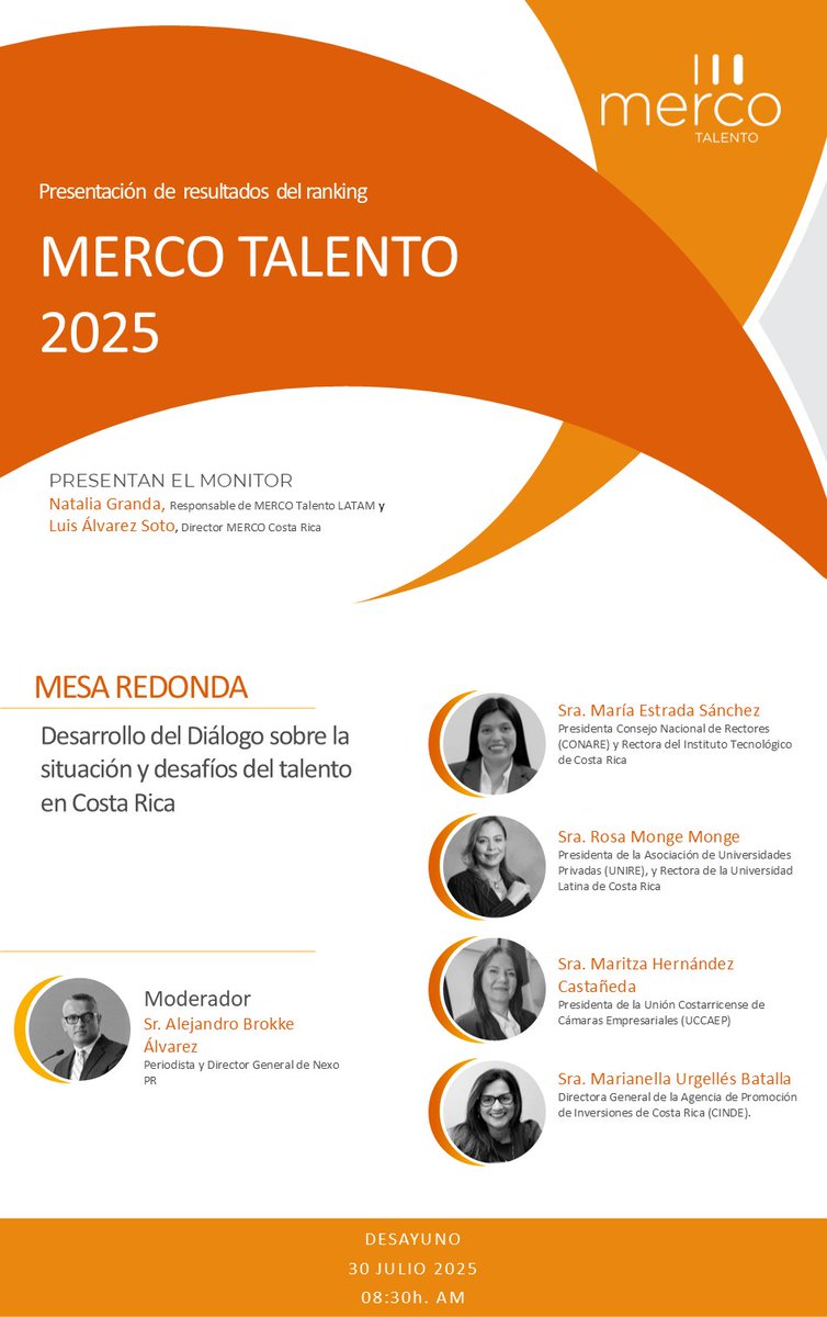 🟠 Save The Date! Merco Talento #CostaRica 2025

📅 El 30 de #julio a las 08:30h conoceremos las mejores #empresas en atraer y fidelizar el #Talento.

🎙️ Disfrutaremos de una mesa sobre “Los #desafíos de la #formación, la atracción y la fidelización del Talento en Costa Rica”👇