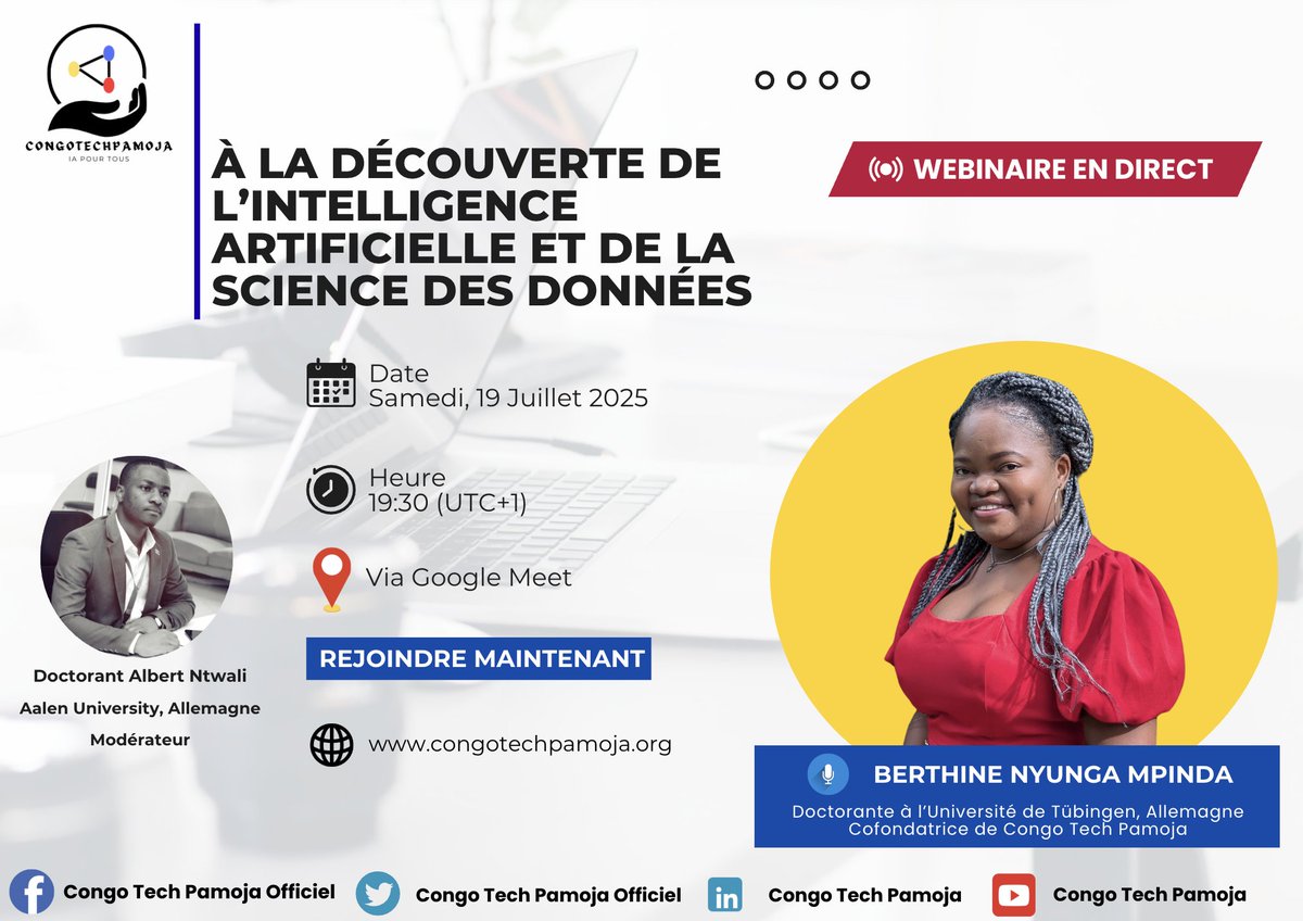 📢 Participez à notre webinaire exceptionnel ce samedi 19 juillet 2025 !

🎯 Thème :

À la découverte de l’Intelligence Artificielle et de la Science des Données

📌 Inscription obligatoire :

👉 Remplissez ce formulaire pour réserver votre place :
➡️ forms.gle/EysXYjxUbReBD7…