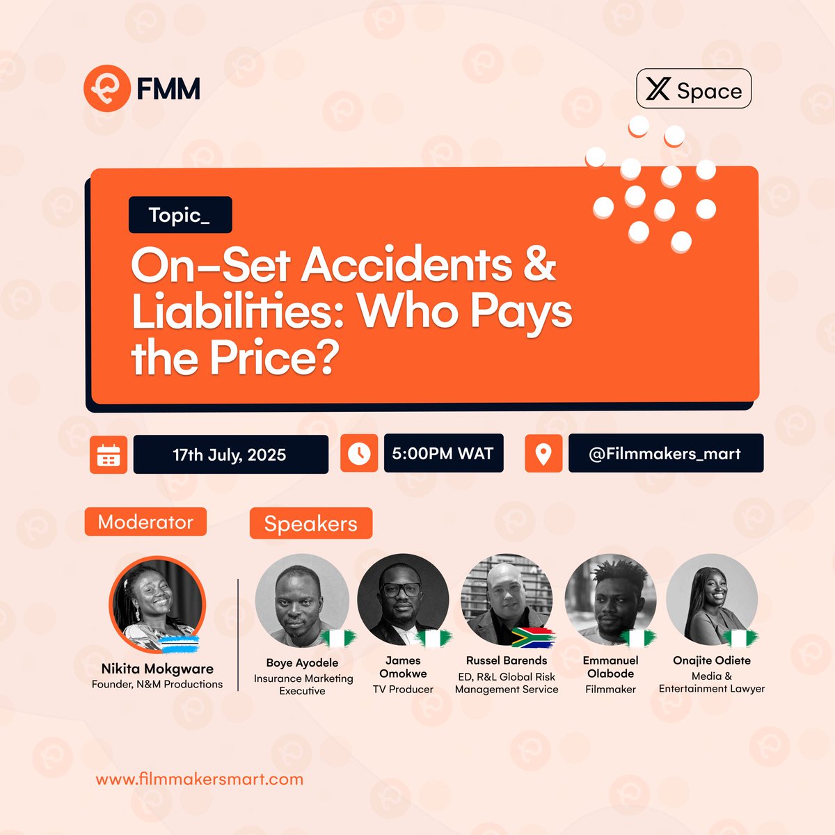 Accidents on set are more common than you think but who pays the price?
Producer? Crew? Nobody? Everybody?

We’re hosting a really honest conversation on our X Space

🗓 17th July | ⏰ 5PM WAT

Reserve your spot now &lt;&lt; bit.ly/FMMartXSpace

#FMMXSpaces