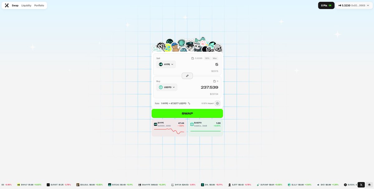 daaamn, i like this new project on HyperEVM <a href="/prjx_hl/">Project X</a> 

swap cost (commision+price impact) is around zero. gonna make 10k$ volume and put 2-3 $HYPE to liquidity pool

btw, i just accidentally found 5 $HYPE on my <a href="/HyperliquidX/">Hyperliquid</a> exchange you imagine hahaha, it's like to find 200$ in