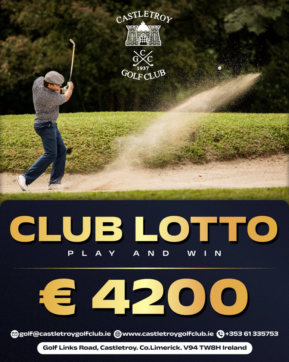 🚨 JACKPOT ALERT: €4200 💰
The Castletroy GC Club Lotto is LIVE!
🎟 Play now – support your club
🗓 Draw every Wednesday
👉 castletroygolfclub.ie
#GolfLotto #CastletroyGC #PlayAndWin #IrishGolf #GolfFundraiser #jackpotcrashcourse