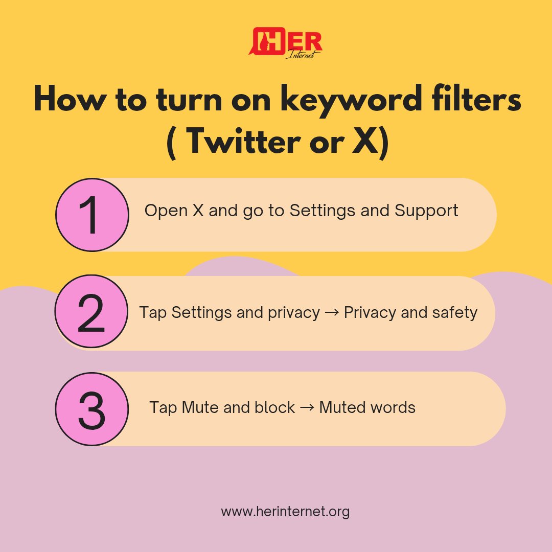 HerInternet's tweet image. #TechTuesday
Whether it’s triggering words, slurs, or content that makes you uncomfortable, most social platforms allow you to block certain keywords or phrases.
These filters clean up your timeline, and they give you more control over what enters your digital space.