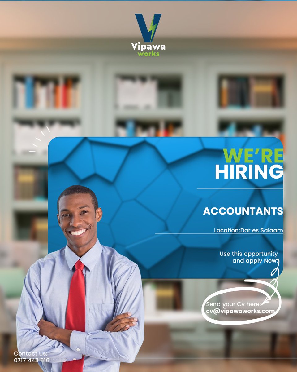Vipawaworks's tweet image. NOW HIRING🚨

We welcome candidates to apply for an open vacancy in Accountancy. Only if you have skills and you are reliable.

Visit vipawaworks.com to apply now. 
The clock is ticking

🌐 vipawaworks.com

#HR #Ajira #NipeDili #Jobs #wednesdayvibes #ApplyNow #Job