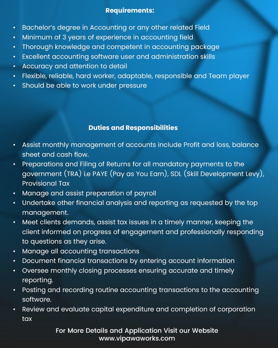 Vipawaworks's tweet image. NOW HIRING🚨

We welcome candidates to apply for an open vacancy in Accountancy. Only if you have skills and you are reliable.

Visit vipawaworks.com to apply now. 
The clock is ticking

🌐 vipawaworks.com

#HR #Ajira #NipeDili #Jobs #wednesdayvibes #ApplyNow #Job