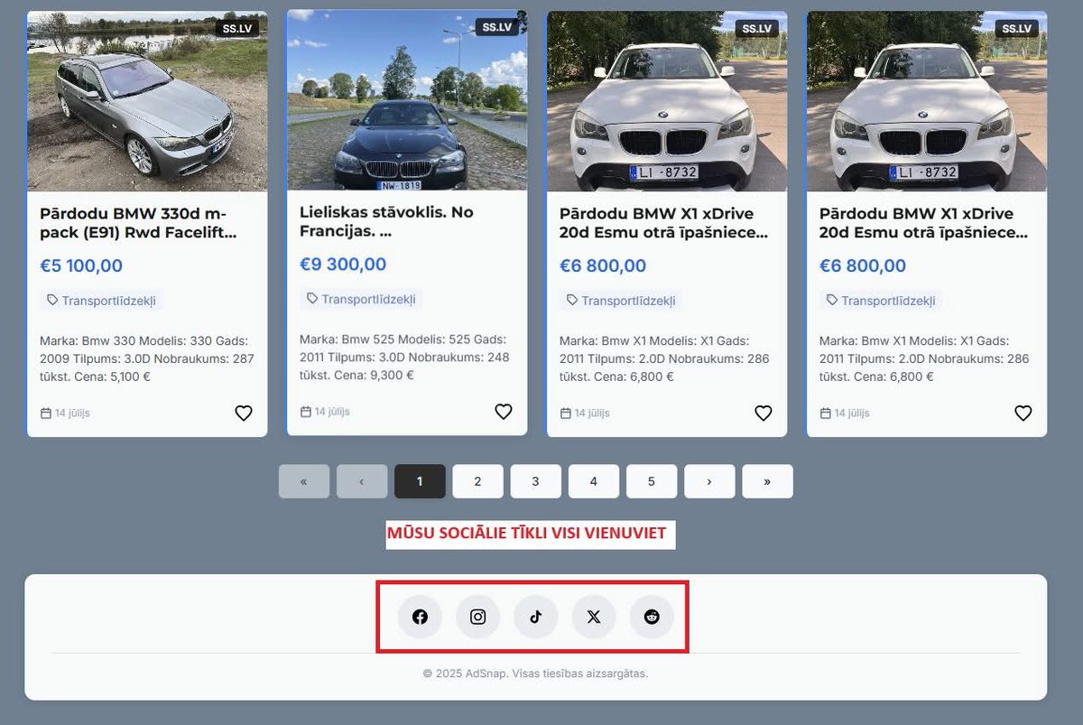 Turpinām strādāt. Esam pievienojuši linkus uz mūsu sociālajiem tīkliem. Droši pieseko mums sociālajos tīklos un piereģistrējies AdSnap portālā - tas ir ātri, ērti un bezmaksas. Raksti mums savus ieteikumus un labākos mēs ieviesīsim. Patīkamu tirgošanos novēl Tava AdSnap komanda!