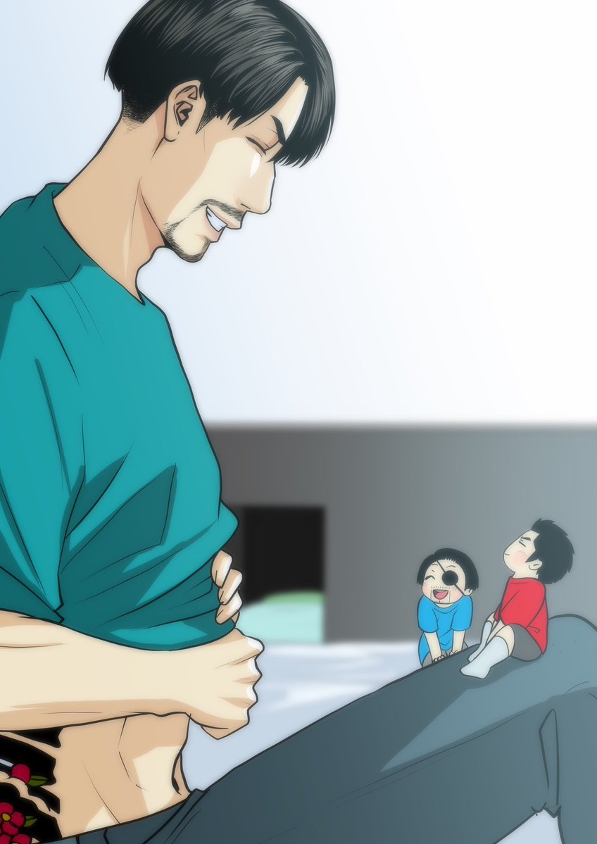 ryufujii1's tweet image. 真「よーし、ようやくひと息つけるわ。おちびがええ子でおってくれたさかい、たーっぷり遊んだるで」ゴ「あうっ!😊」き「あう☺」真「ほれ、おいで。リビング行こ」