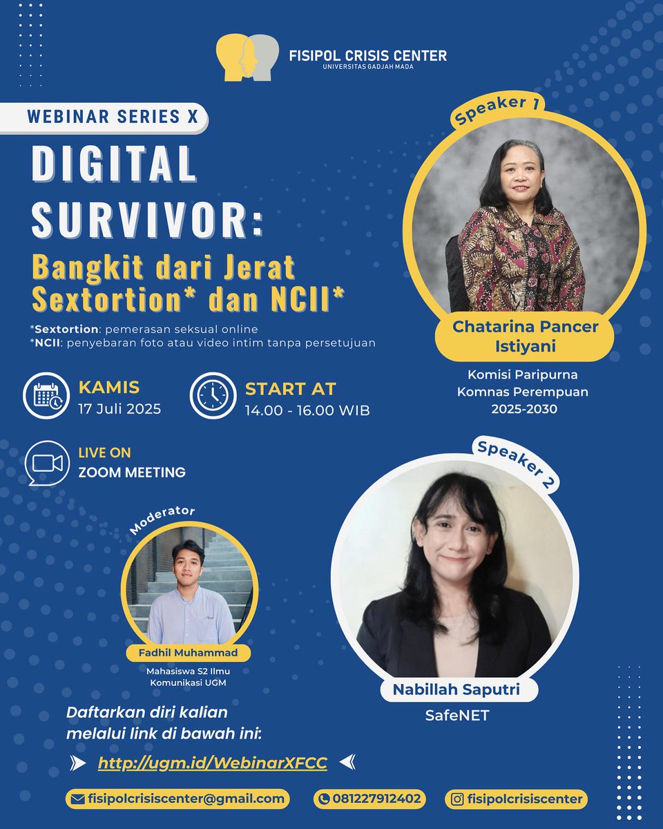 KomnasPerempuan's tweet image. [DIGITAL SURVIVOR: BANGKIT DARI JERAT SEXTORTION DAN NCII]

Fisipol Crisis Center akan menyelenggarakan Webinar Seris X dengan judul “Digital Survivor: Bangkit dari Jerat Sextortion* dan NCII*”✨✨
*Sextortion: pemerasan seksual online
*NCII: penyebaran foto atau video intim…