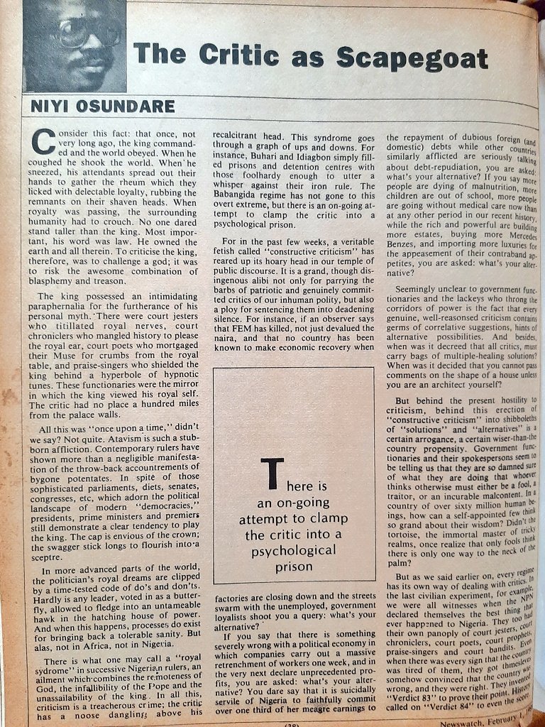 read this and tell me anything has changed in the sphere of Nigerian criticism. diluting the voices of critics with the meager demands of 'constructive criticism'