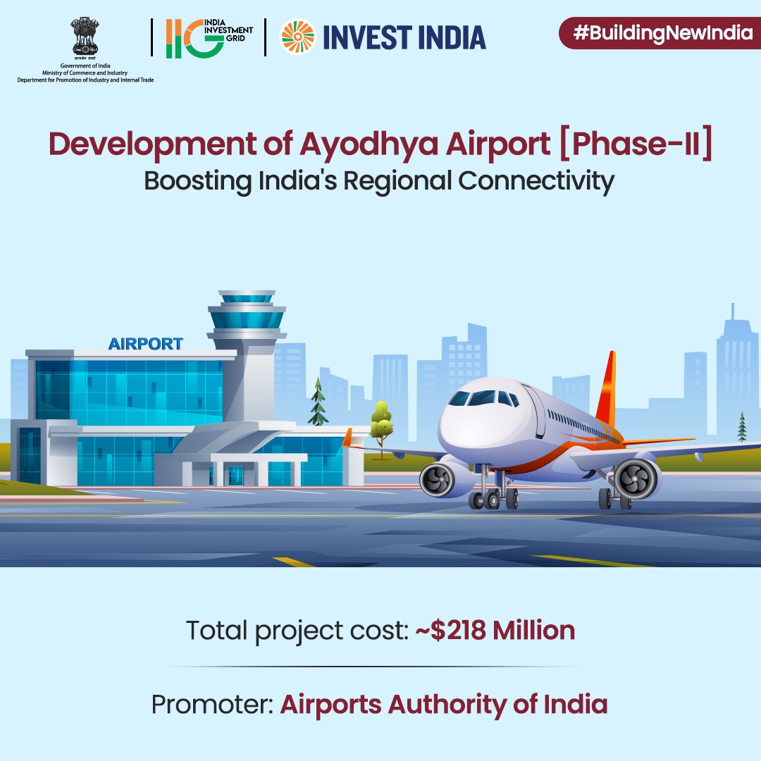 IIG_GoI's tweet image. #BuildingNewIndia
Under #NIP, the development of Ayodhya Airport [Phase-II] will include runway extension, apron extension and new terminal building. This will enhance air connectivity in the region. 

Discover more on #IIG at: bit.ly/UttarPradesh_I…

#InvestInIndia #Aviation