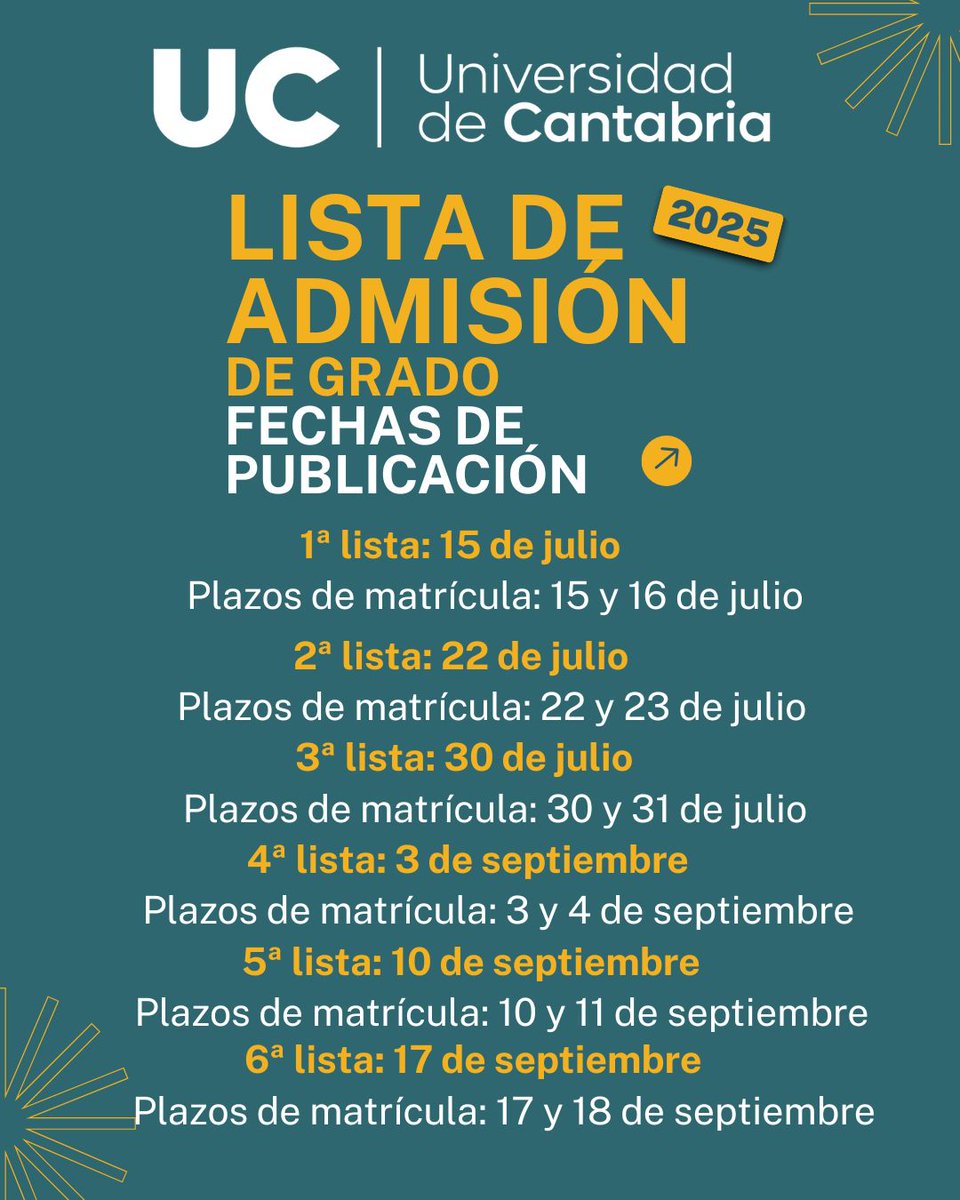🔴HOY se publica publica la 1ª lista de admisión de Grado.
Puedes consultar si has sido admitido en: web.unican.es/admision/Pagin…. 
Si has sido admitido, deberás matricularte entre el 15/16 julio. 

Y si tienes alguna duda, te atenderemos en gestion.academica@unican.es

¡Te esperamos!