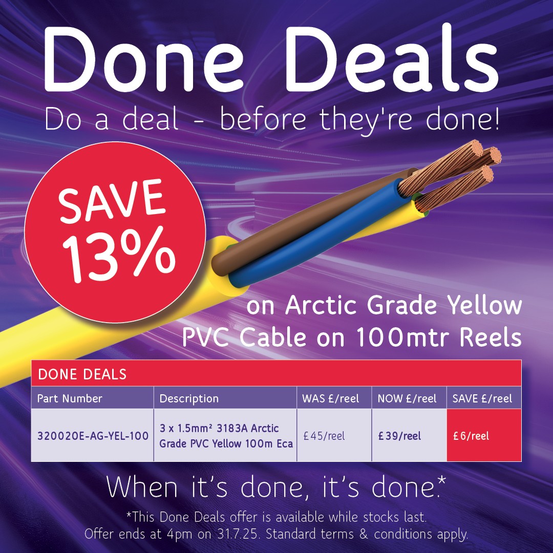 Bright summer savings on yellow cable! Get 13% off 100mtr Arctic Grade Yellow Cable Reels in the latest July Done Deals promo! 

Call 0115 972 4483 for enquiries and to place your order.