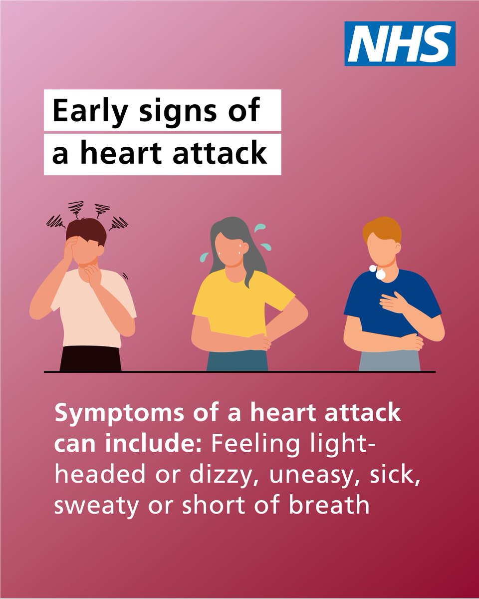 NHSuk's tweet image. Make sure you know the early symptoms of a heart attack.
They don’t always feel severe. A squeezing across the chest. A feeling of unease. It’s never too early to call 999 and describe your symptoms.
More info ➡️ nhs.uk/conditions/hea…