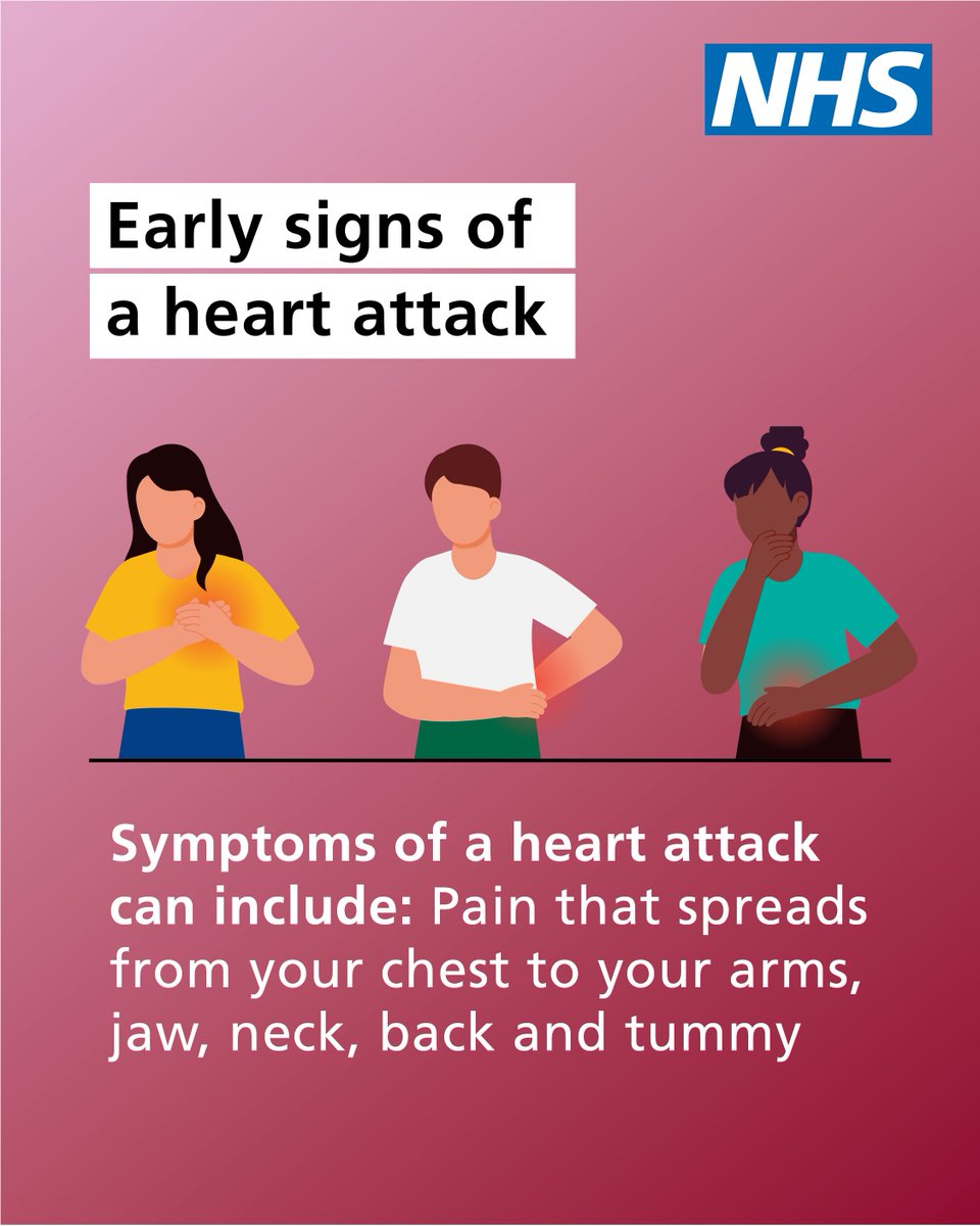 NHSuk's tweet image. Make sure you know the early symptoms of a heart attack.
They don’t always feel severe. A squeezing across the chest. A feeling of unease. It’s never too early to call 999 and describe your symptoms.
More info ➡️ nhs.uk/conditions/hea…