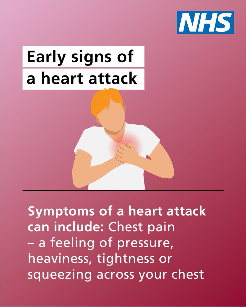 NHSuk's tweet image. Make sure you know the early symptoms of a heart attack.
They don’t always feel severe. A squeezing across the chest. A feeling of unease. It’s never too early to call 999 and describe your symptoms.
More info ➡️ nhs.uk/conditions/hea…