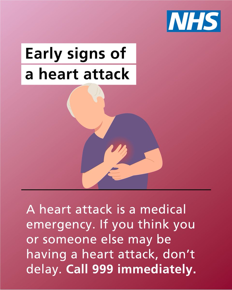 NHSuk's tweet image. Make sure you know the early symptoms of a heart attack.
They don’t always feel severe. A squeezing across the chest. A feeling of unease. It’s never too early to call 999 and describe your symptoms.
More info ➡️ nhs.uk/conditions/hea…