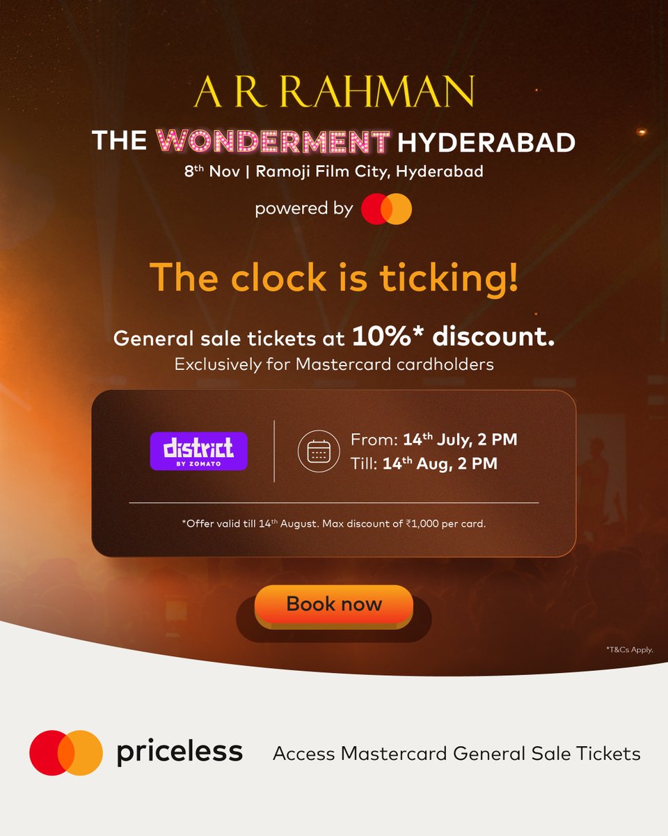 Your playlist will come alive soon!🤩

That one voice you’ve had on repeat is about to echo through the Hyderabad air.🎤✨

In just a few hours, you can grab your ticket to see A.R. Rahman LIVE.🎫

This isn’t just another concert—it’s a chapter in your story.

Use your Mastercard