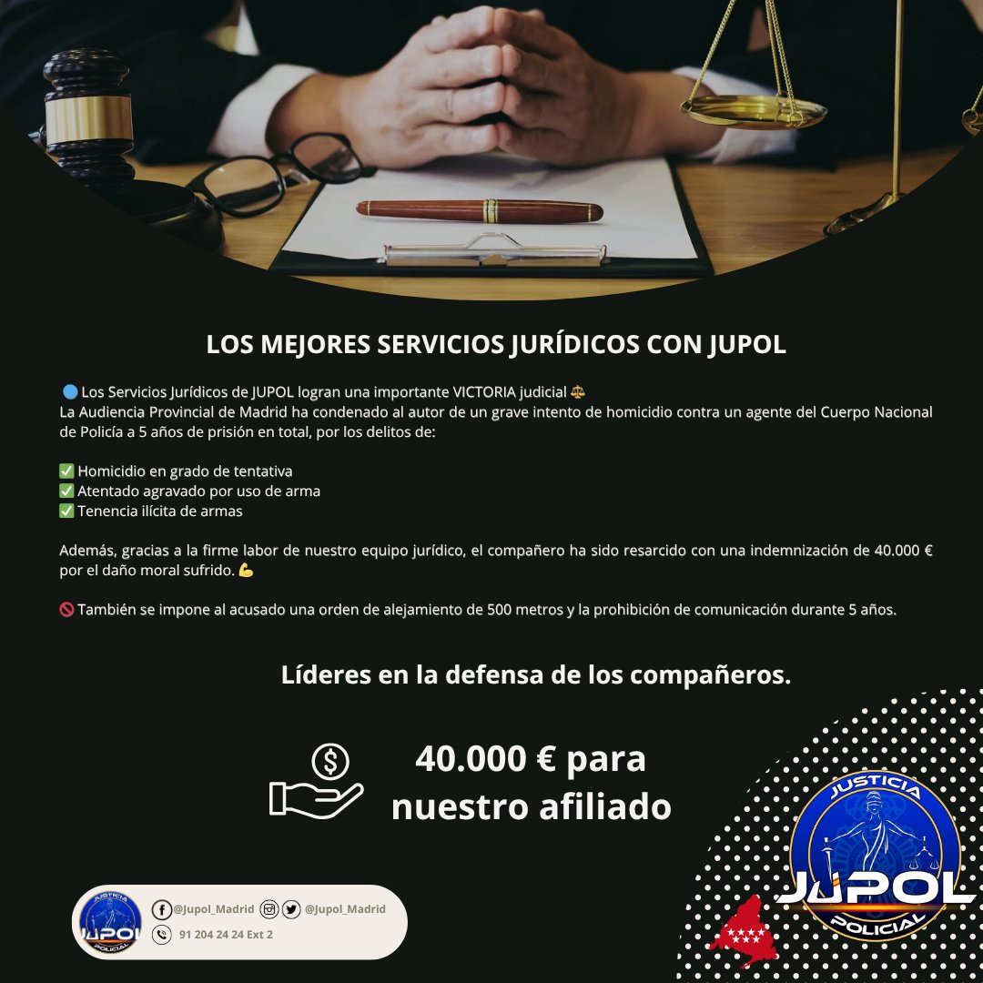 🔹 ¡Gran victoria de los Servicios Jurídicos de JUPOL! ⚖️

✅ Acusado condenado a 5 años de prisión por tentativa de homicidio + atentado con arma
✅ Indemnización de 40 000 € para el compañero agredido
✅ Prohibición de acercarse y comunicar durante 5 años