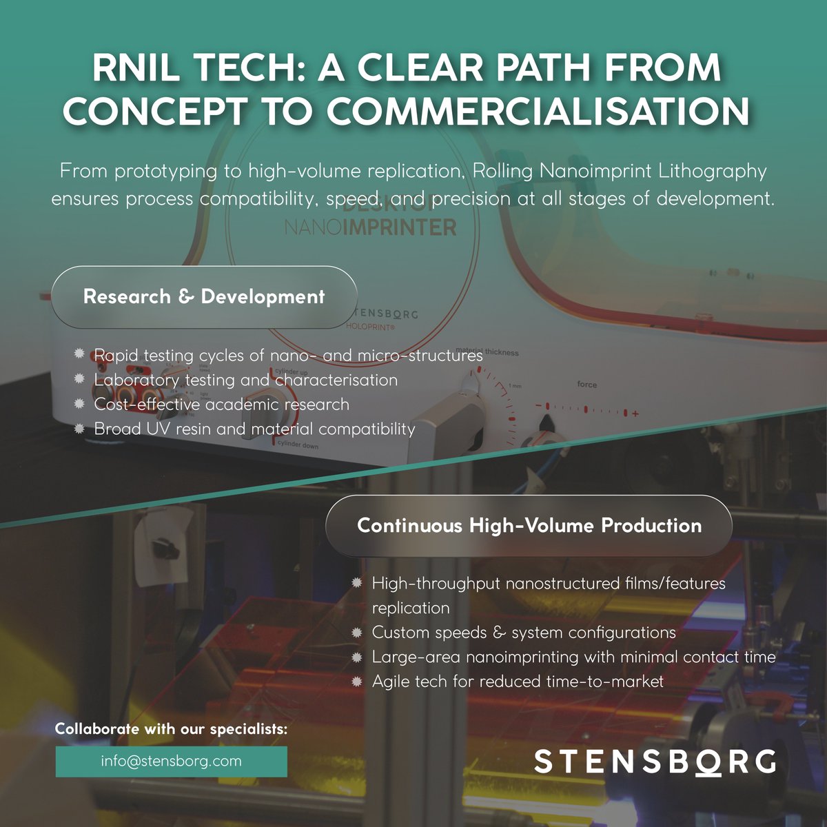 🔬↔️⚙️ FROM LAB TO INDUSTRIAL PRODUCTION WITH RNIL &gt;&gt;

Powered by our patented nip-based nanoimprint engine, Stensborg’s #RNIL tech scales your nanoimprint process from early-stage #Prototyping to high-volume #Manufacturing.

Get expert insights: stensborg.com/contact-us/