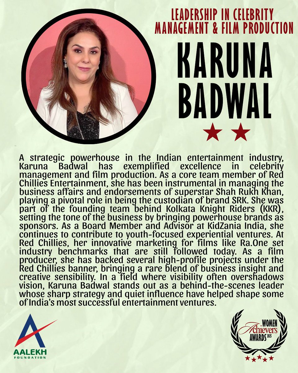 AalekhFoundOrg's tweet image. Karuna Badwal is one of the 20 inspiring women being honoured at the Aalekh Foundation Woman Achievers Award – 3rd Edition for her exceptional leadership in celebrity management and co-producing landmark films.
#AalekhAchievers2025 #WomenInFilm #RedChilliesEntertainment