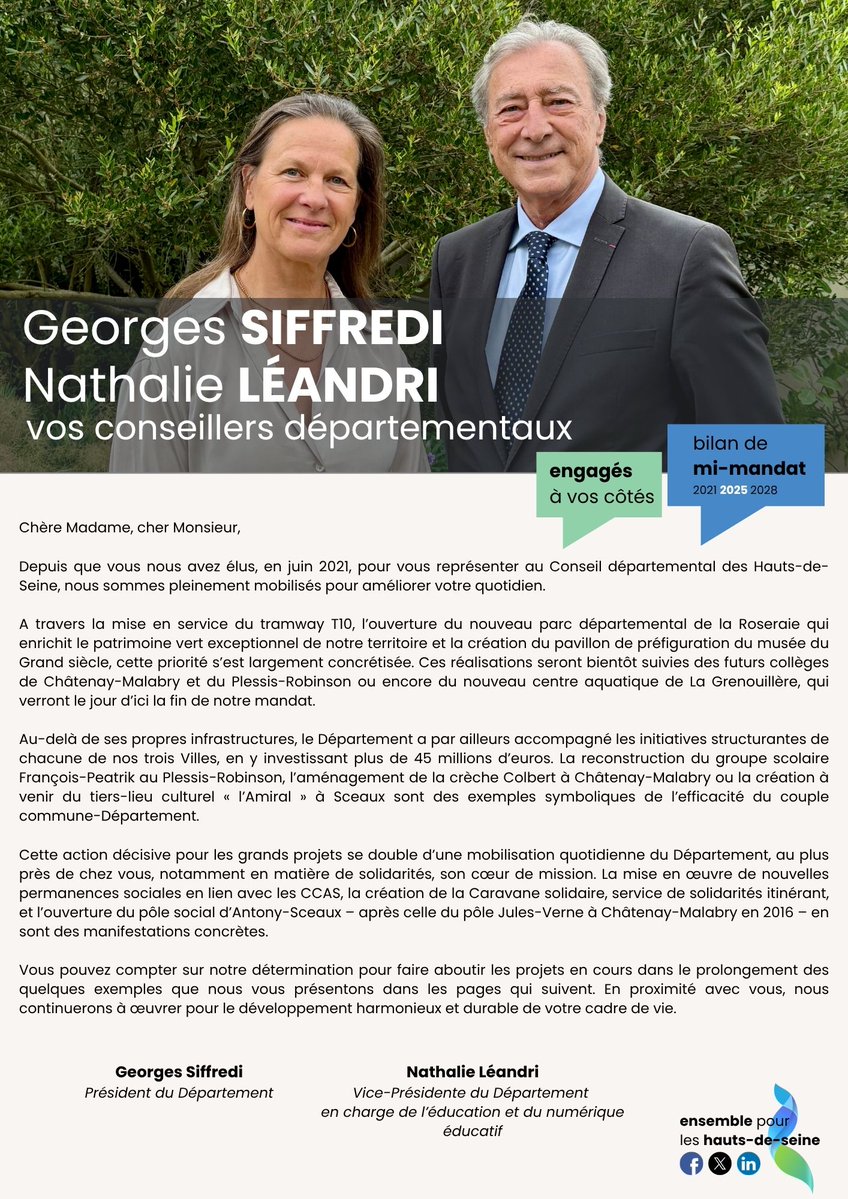 Majorite92's tweet image. 🆕 Bilan de mi-mandat (2021-2028) – Canton de Châtenay-Malabry, Le Plessis-Robinson et Sceaux
Depuis 2021, vos conseillers départementaux Georges Siffredi et @LeandriNathalie se mobilisent pour améliorer la qualité de vie des 3 communes
Découvrez le bilan de mi-mandat⤵️