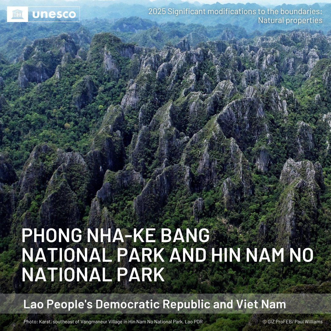 unescobangkok's tweet image. 🌏 South-East Asia celebrates 3 new sites & 1 major extension on the UNESCO #WorldHeritage List!
🎉 Congrats to Viet Nam 🇻🇳 & Lao PDR 🇱🇦 for linking Phong Nha-Ke Bang & Hin Nam No National Parks, the 1st-ever transboundary site!
🔗 Learn more: whc.unesco.org/en/newproperti…