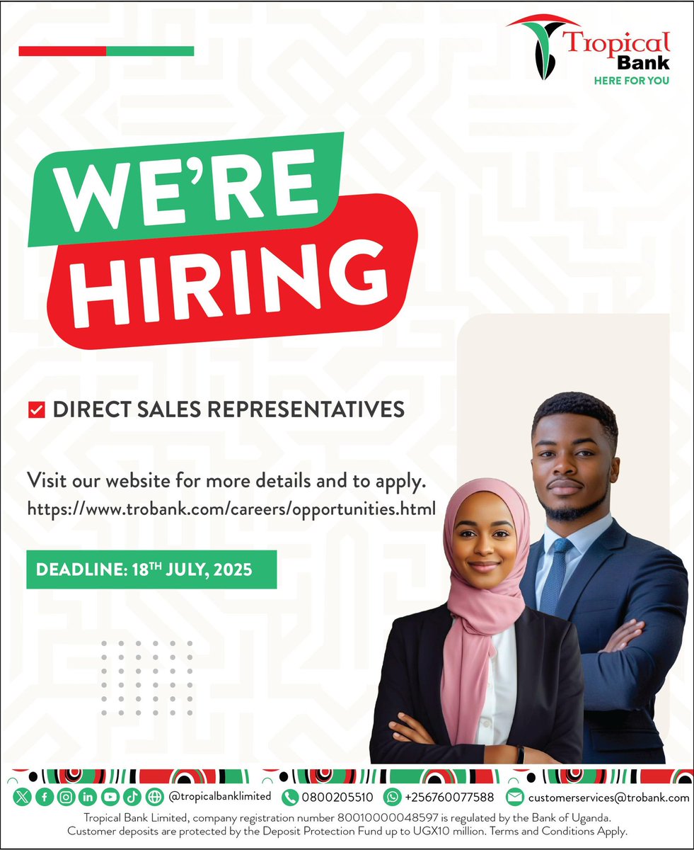 TropicalBankUG's tweet image. Join our team!
Tropical Bank Ltd is looking for talented and self-driven individuals to start a banking career with us as Direct Sales Representatives.
Click here to apply: trobank.com/careers/opport…
#TropicalBankCareer #HereForYou @JobclinicUg