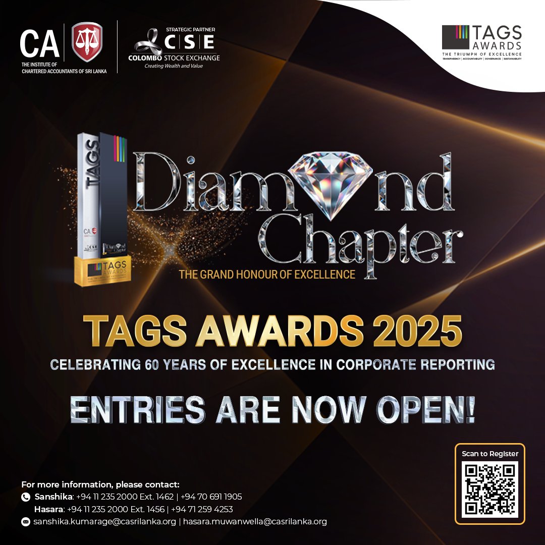 casrilanka's tweet photo. Entries Now Open for the Diamond Chapter of the TAGS Awards 2025!

Submit your entry today: https://t.co/TIrXAalVMW

#CASriLanka #SriLanka #LKA #TAGS2025 #TAGSAwards #DiamondChapter https://t.co/1HEMdiPfwg