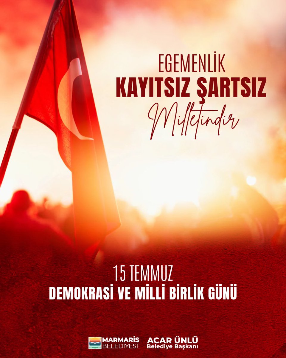 15 Temmuz Demokrasi ve Millî Birlik Günü’nde; demokrasimize, Cumhuriyetimize ve halkın iradesine sahip çıkan tüm kahramanlarımızı rahmet ve minnetle anıyoruz. 🇹🇷

“Egemenlik, kayıtsız şartsız milletindir.”
– Gazi Mustafa Kemal Atatürk

#15Temmuz #DemokrasiGünü