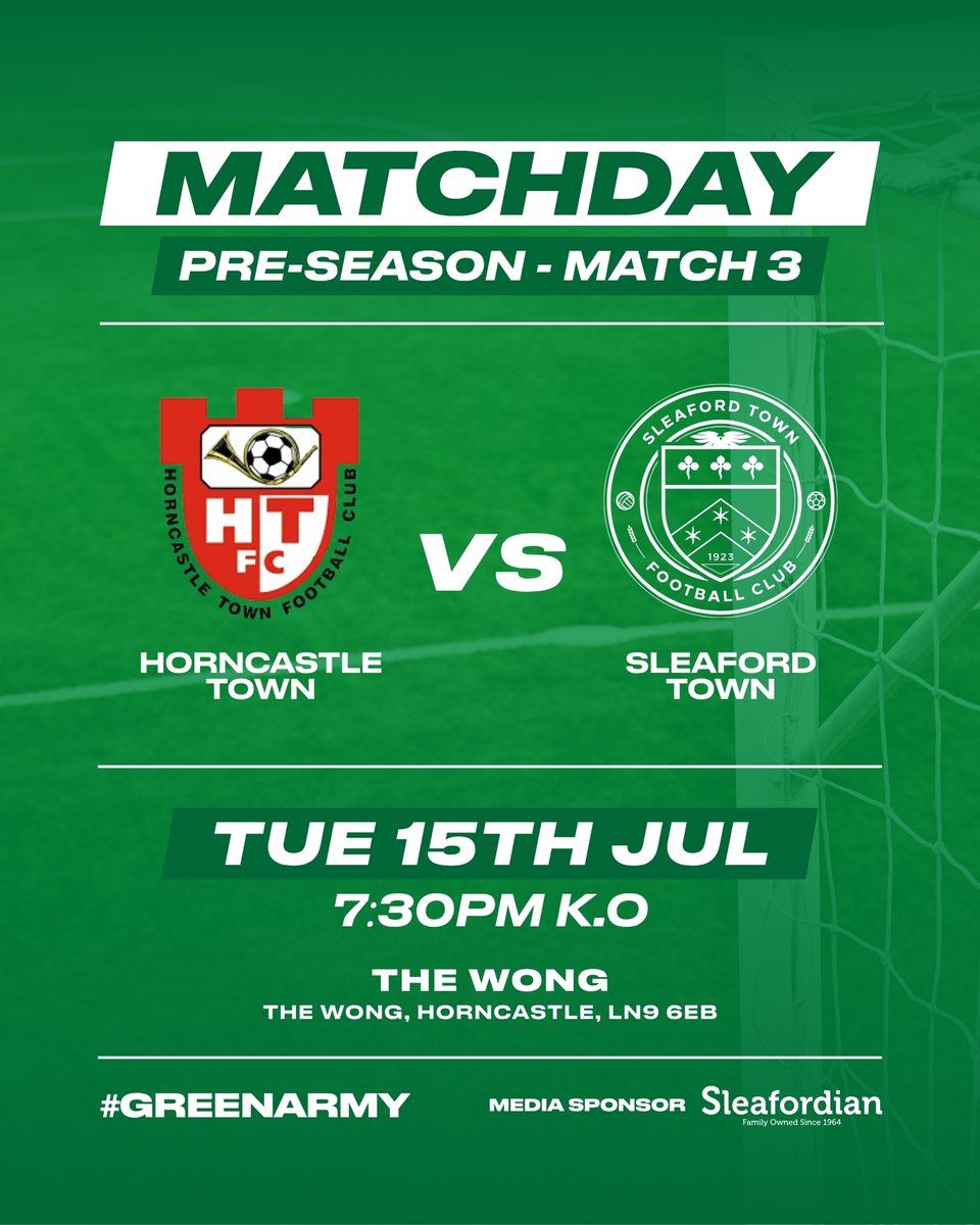 MATCHDAY! ⚽

We’re back on the road tonight, as we face <a href="/Horncastle_FC/">Horncastle Town FC</a> under the lights at The Wong! 🔥

📍 The Wong
🆚 Horncastle Town
🕢 7:30pm Kick-Off

Come down and support the lads as pre-season continues! 💚

#STFC #GreenArmy #PreSeason
