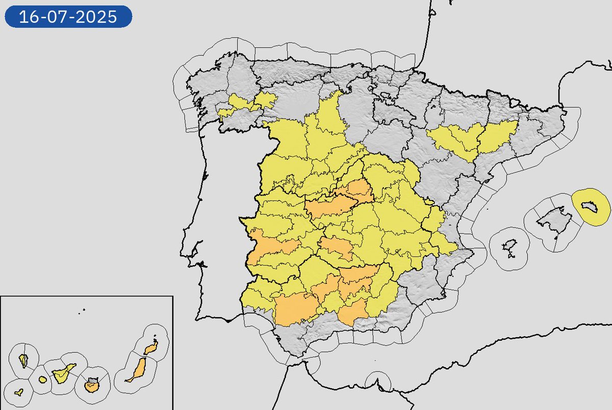 15/07 10:24 Avisos activos hoy y mañana en España por temperaturas máximas y costeros. Nivel máximo de aviso: naranja.
Actualizaciones en aemet.es/es/eltiempo/pr…
