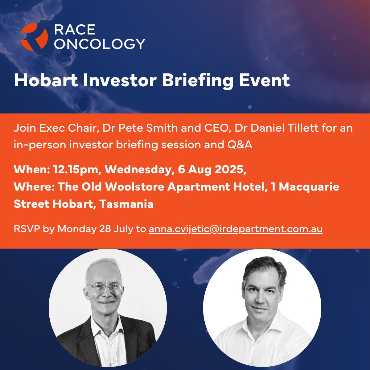 Race Oncology (@raceoncology) on Twitter photo Join <a href="/RaceOncology/">Race Oncology</a> in Hobart onĀ 6 AugĀ for an investor briefing with Dr Pete Smith & Dr Daniel Tillett! Will includeĀ an update on RC220 clinical program, a Q&A sessionĀ and light lunch. Must RSVPĀ by 28 July toĀ anna.cvjietic@irdepartment.com.au
š shorturl.at/wGPR9 Join <a href="/RaceOncology/">Race Oncology</a> in Hobart onĀ 6 AugĀ for an investor briefing with Dr Pete Smith & Dr Daniel Tillett! Will includeĀ an update on RC220 clinical program, a Q&A sessionĀ and light lunch. Must RSVPĀ by 28 July toĀ anna.cvjietic@irdepartment.com.au
š shorturl.at/wGPR9