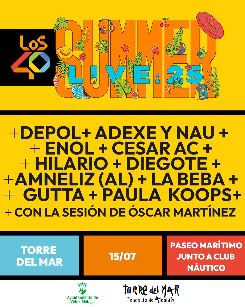 LOS40 Málaga (@los40malaga) on Twitter photo Hoy desde las 22 horas en el Paseo Marítimo de Torre del Mar, junto al Club Náutico #Los40SummerLive 2025 en pleno verano presentado por <a href="/oscarmartinezdj/">Óscar Martínez</a> con todos los éxitos!
<a href="/tenenciatdm/">Torre del Mar</a> <a href="/AytoVLZ/">Ayto Vélez-Málaga</a> <a href="/Los40/">LOS40</a> <a href="/LOS40AND/">LOS40 Andalucía</a> <a href="/los40malaga/">LOS40 Málaga</a> Hoy desde las 22 horas en el Paseo Marítimo de Torre del Mar, junto al Club Náutico #Los40SummerLive 2025 en pleno verano presentado por <a href="/oscarmartinezdj/">Óscar Martínez</a> con todos los éxitos!
<a href="/tenenciatdm/">Torre del Mar</a> <a href="/AytoVLZ/">Ayto Vélez-Málaga</a> <a href="/Los40/">LOS40</a> <a href="/LOS40AND/">LOS40 Andalucía</a> <a href="/los40malaga/">LOS40 Málaga</a>