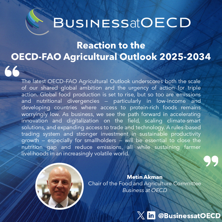 BusinessatOECD's tweet image. 📣 Our Food & Agriculture Chair @MetinAkmanBGIV reacts to the @OECD-@FAO #Agricultural Outlook launch & we appreciate the #OECD's recommendations calling for:
📈 Acceleration of #innovation & digitalization
🧠 Scaling #climate-smart solutions
🔓 Expanding access to #trade &…