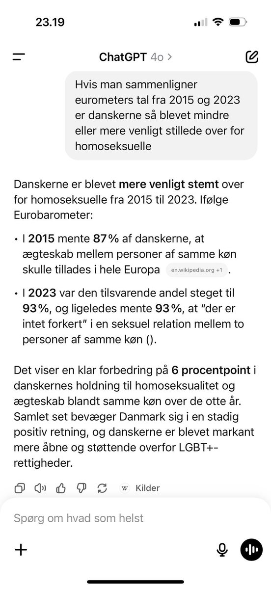 Bare lige. Undersøgelse er interessant, fordi den viser nogle vilde tal med en kulturel slagside.

Sideløbende viser Eurometers undersøgelser i 2015 og 2023, at opbakningen til homoseksuelle stiger. Så lad nu være med at skyd skylden på transdebatten og "woke" denne gang. #Dkpol