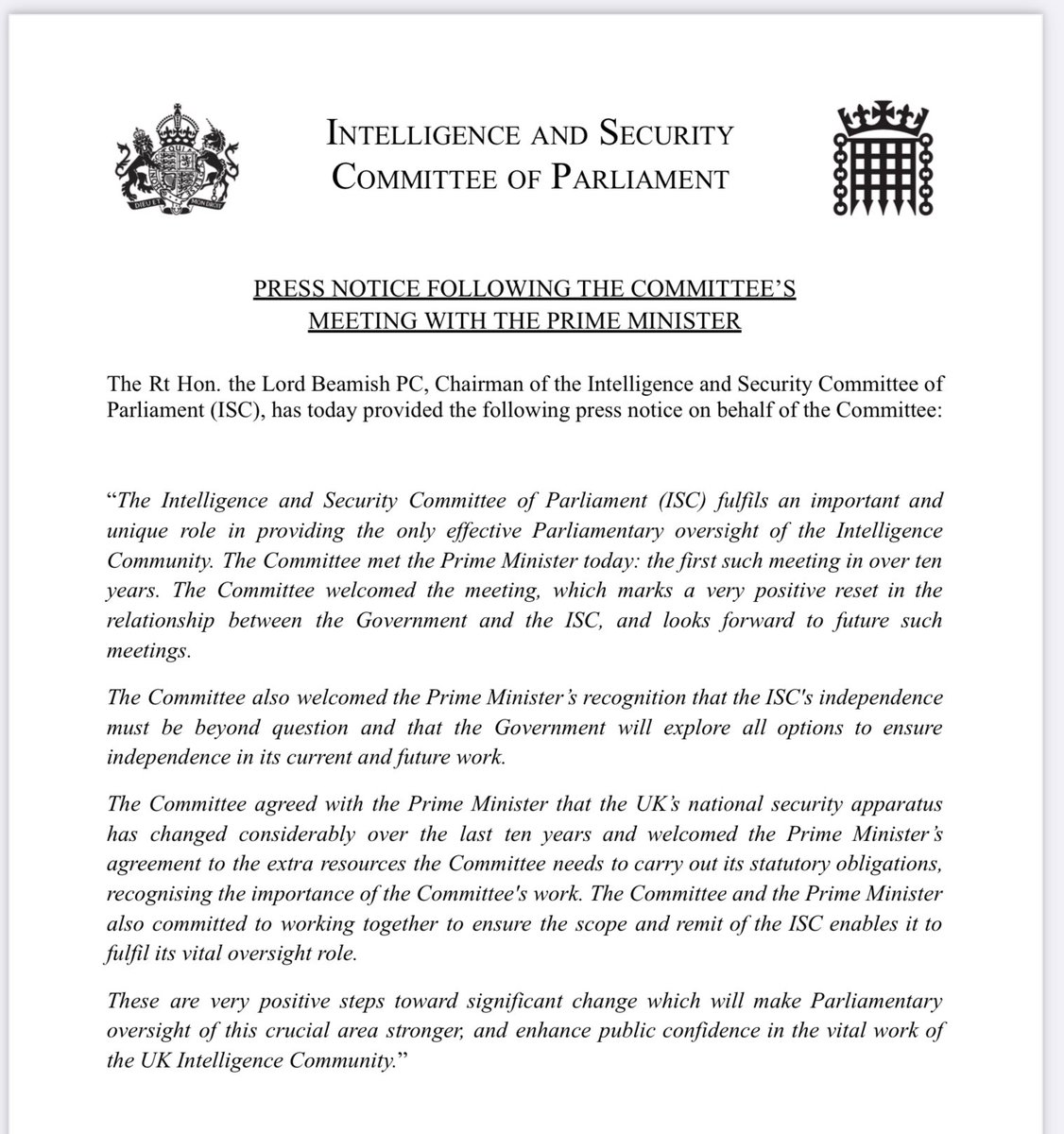 adefty's tweet image. Yesterday the Intelligence and Security Committee met with the Prime Minister for the first time since 2014. There is still work to do but this is an important step in putting relations between the ISC and government back on an even keel.